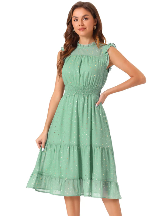 Casual Chiffon Midi Dress for Women. Sleeveless Smocked Waist Gilding Metallic Stars Party Dresses