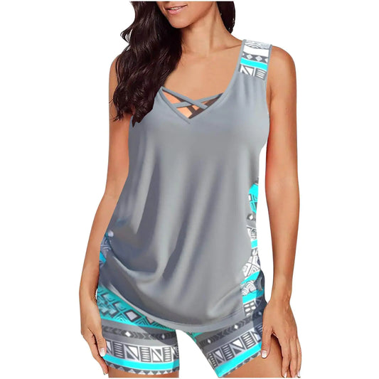 Swimsuits for Women. Loose Fit Crewneck Blouson Swim Tank Top & Shorts - 2 Piece Modest Sport Swimwear