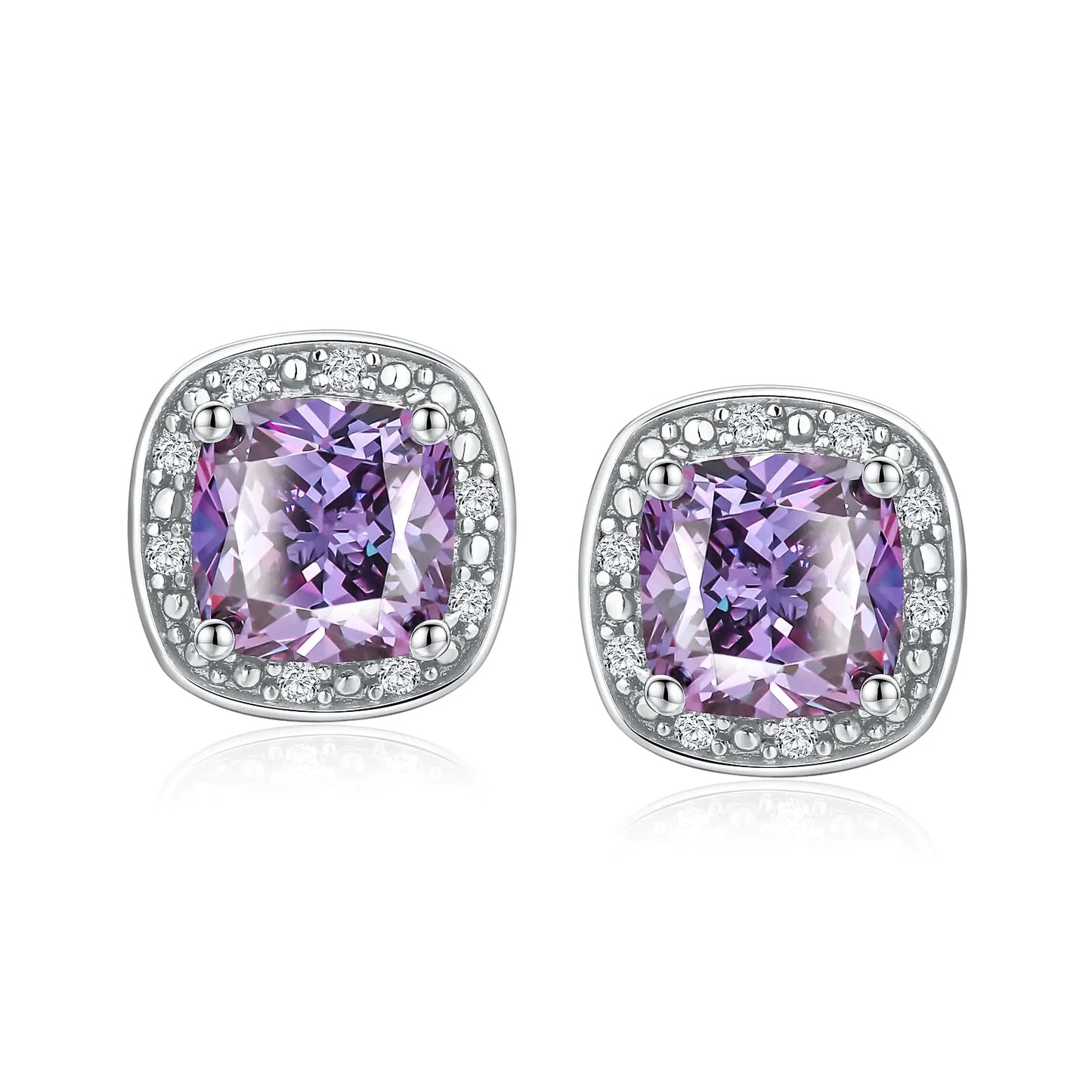 Purple 925 Sterling Silver Alexandrite June Birthstone jewelry, Cushion Cut Crystal Halo Earrings.