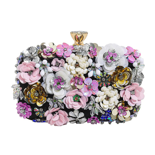 Womens Evening Clutches. Floral Evening Handbag - Rhinestone Clutch Purse for Bride Party Wedding with Chain Strap