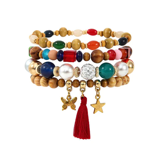 Ethnic Wooden Bead Tassel Bracelet Set