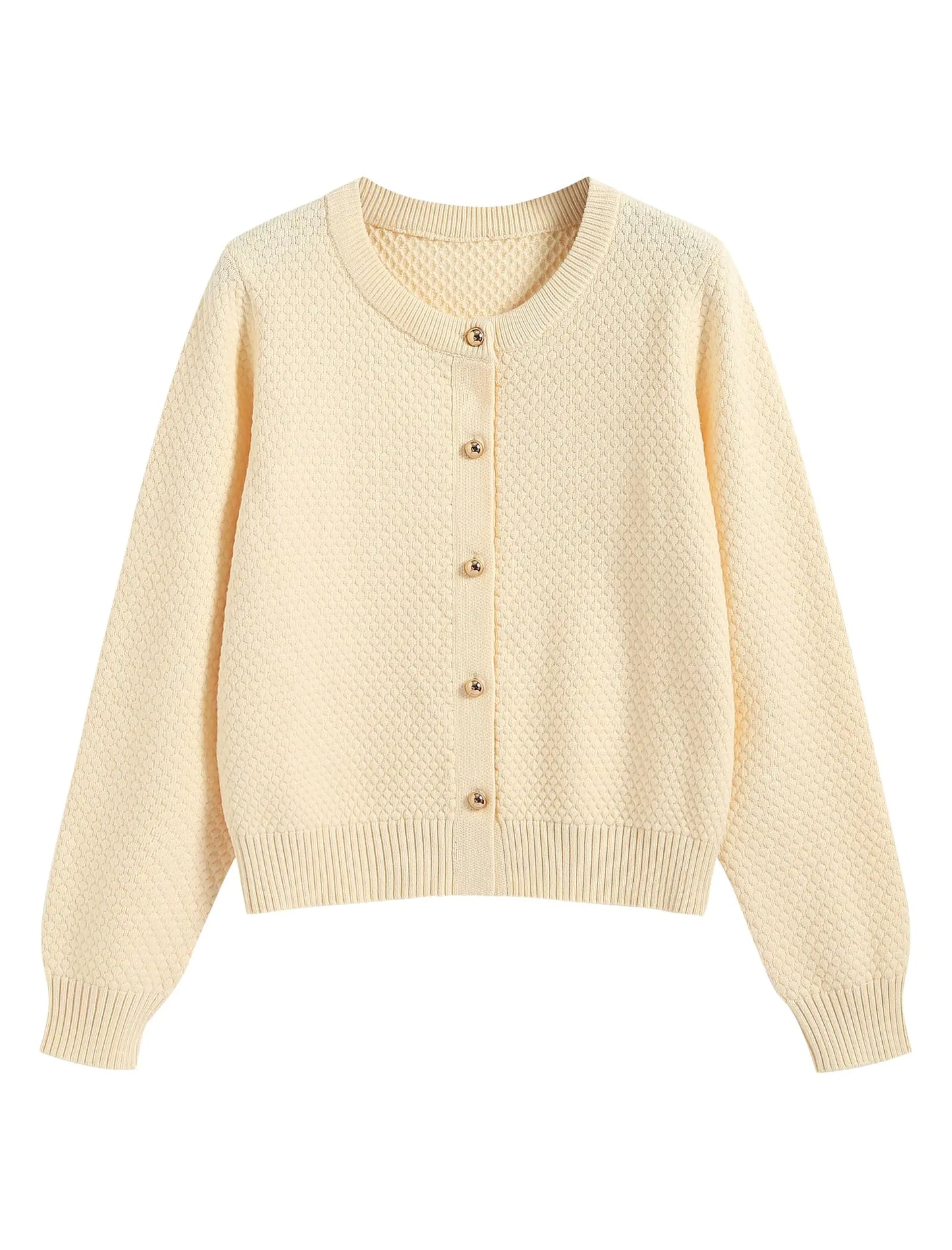 Fall Sweaters for Women. Trendy Button Up Crew Neck Beige Cardigan, Cropped Cozy Knit Oversized Blazer Coat