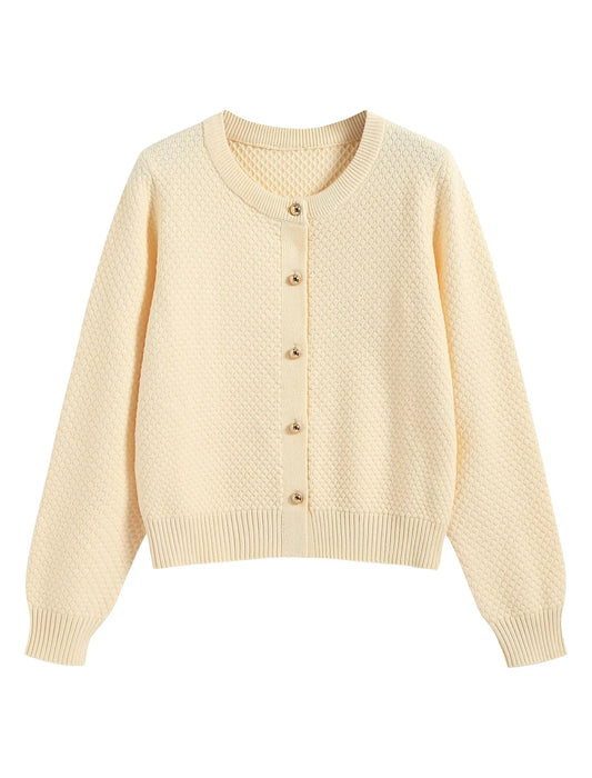 Fall Sweaters for Women. Trendy Button Up Crew Neck Beige Cardigan, Cropped Cozy Knit Oversized Blazer Coat
