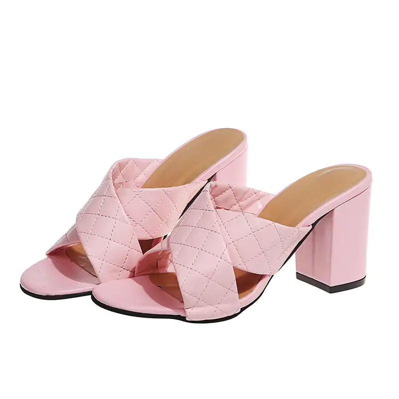 Pure Color Cross-Tail Thick Heeled High Heels