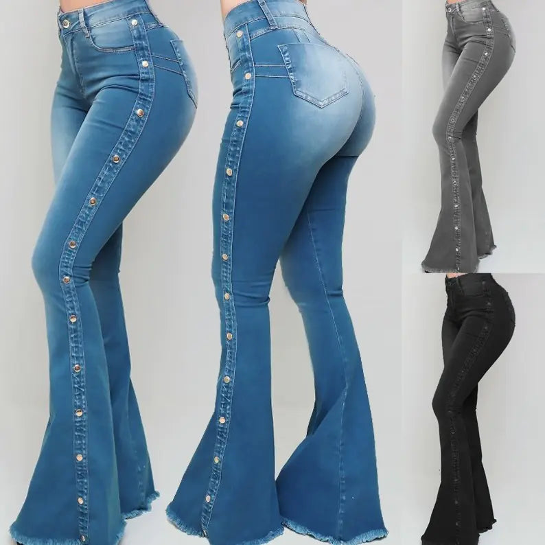 High Waist Stretch Denim Flared Pants for Women