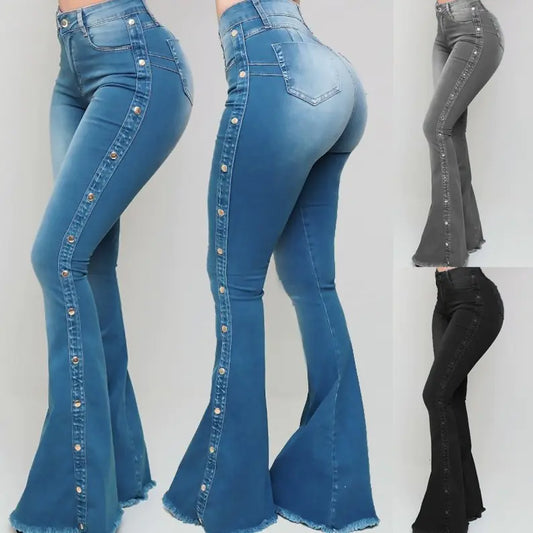 High Waist Stretch Denim Flared Pants for Women