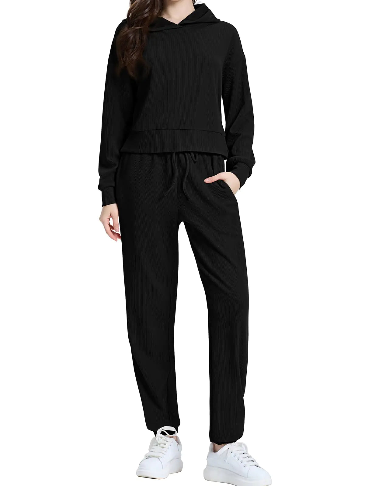 Black 2 Piece Set Women Sweatsuits. Sweatshirt Hoodie Lounge Set Fashion Trendy Outfits