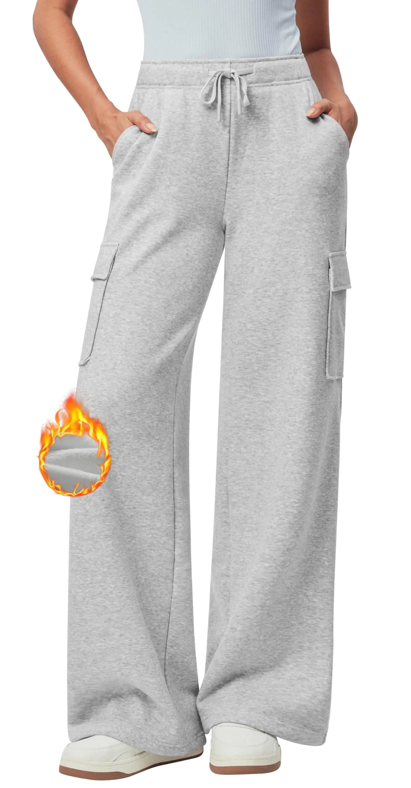 Fleece Cargo Sweatpants for Women. Wide Leg Cargo Pants, High Waisted Baggy Joggers with pockets