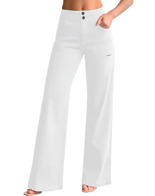 Women’s Casual Distressed High Waisted Denim Pants. Stretch Baggy Loose Wide Leg Jeans