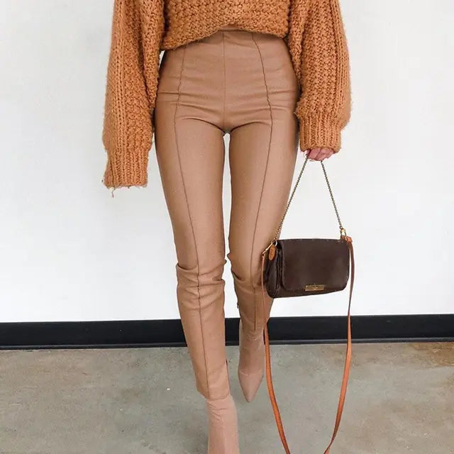 Khaki Casual Zip PU Leather Pants for Women
