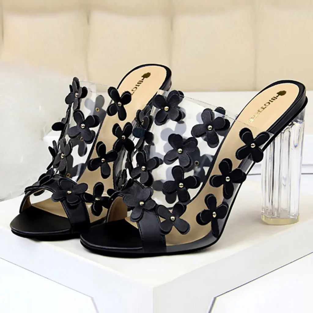 Sweet Floral High Heels with Transparent Crystal Heel