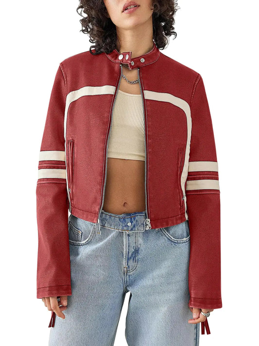 Saodimallsu Women’s Faux Leather Jackets. Zip Up Stand Collar Cropped Motocross PU Coats