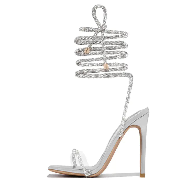Gold Crystal Ankle Strap Open Toe Heels for Women