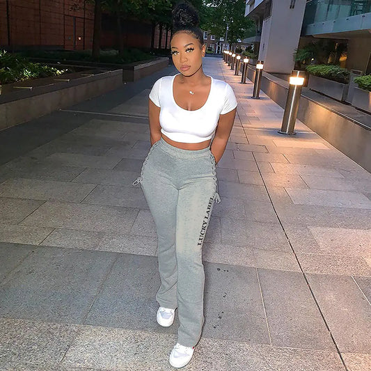 Solid Color Side Eyelet Casual Pants for Women