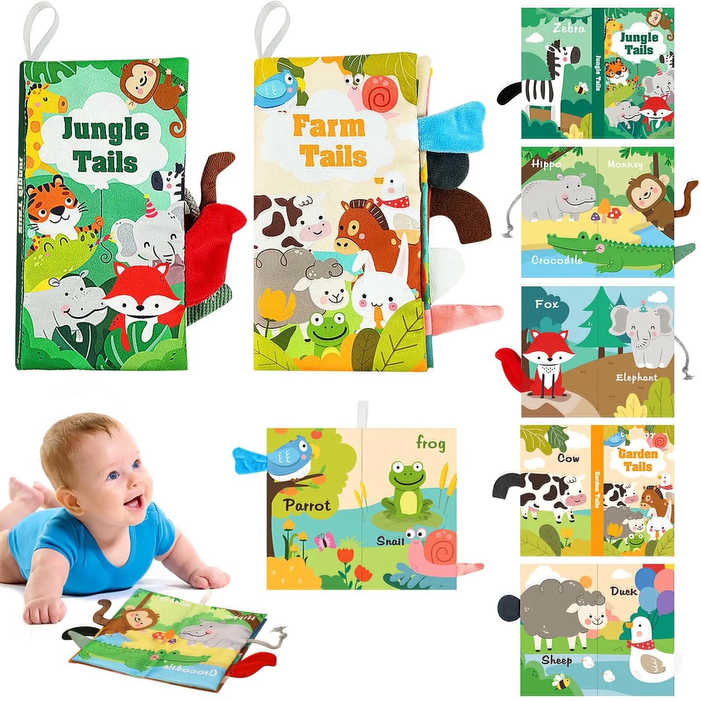 0-6 Months Baby Books, 2PCS Baby Toys 6-12 Months - Soft Crinkle Squeaky Sensory Tummy Time Toys