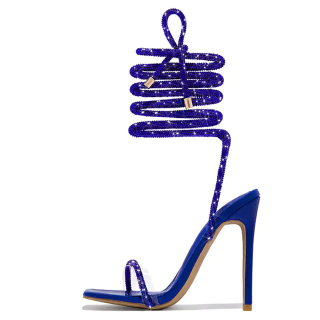 Gold Crystal Ankle Strap Open Toe Heels for Women
