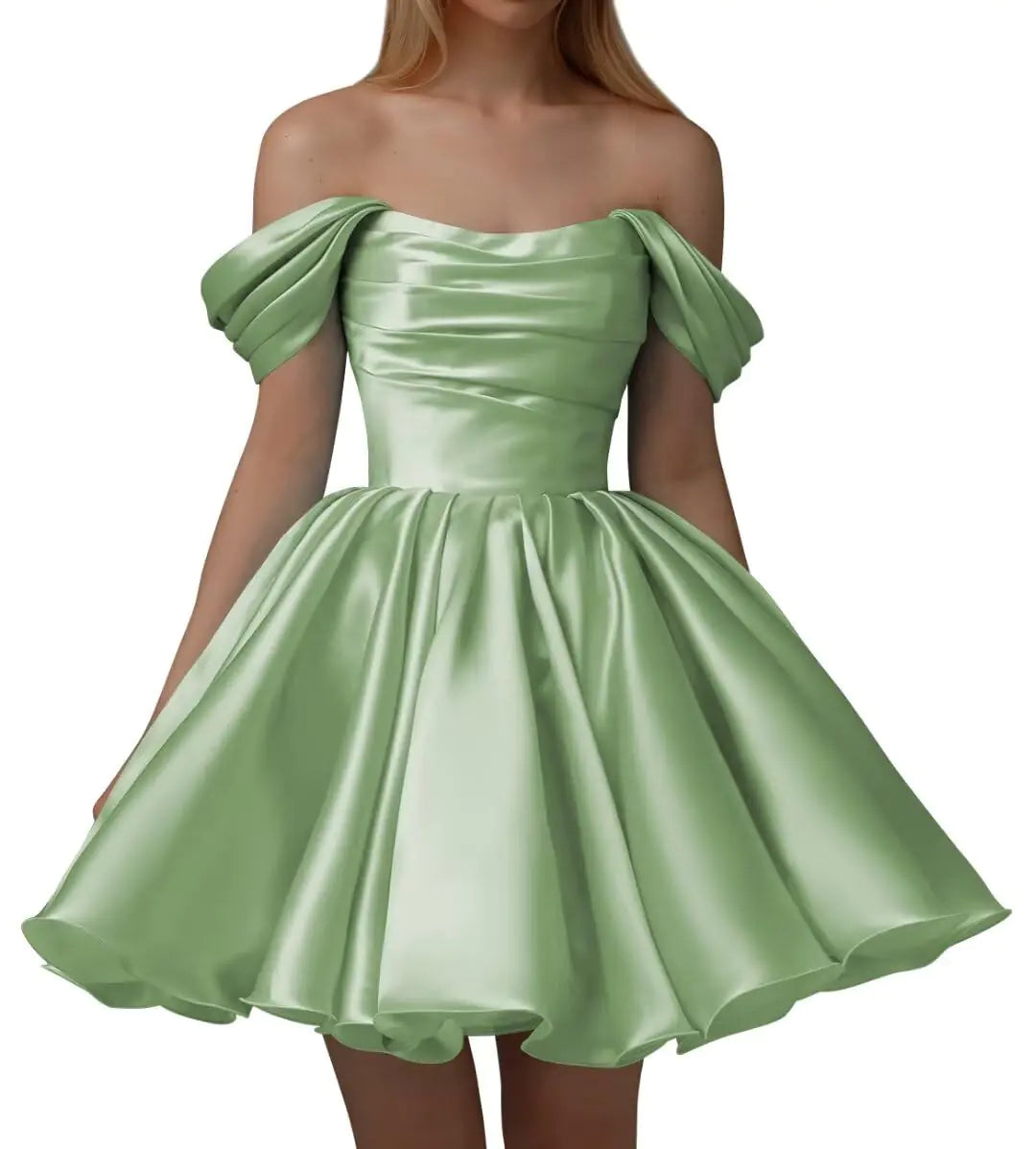 Off Shoulder Satin Homecoming Dresses. A Line Short Pleated Strapless Party Dress for Wedding/Prom/Birthday