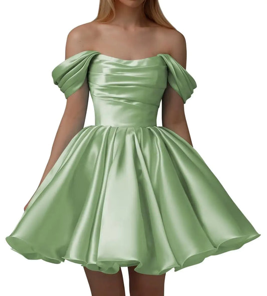 Off Shoulder Satin Homecoming Dresses. A Line Short Pleated Strapless Party Dress for Wedding/Prom/Birthday