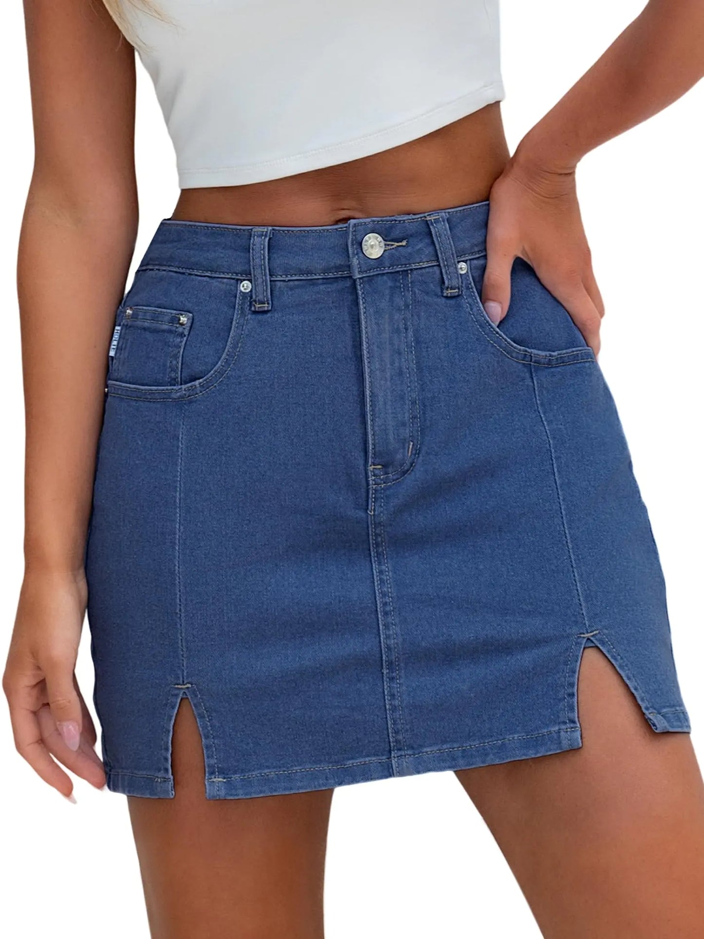 Denim Skirts for Women - High Waisted Y2K Jean Skirt with Splits (Blue M)