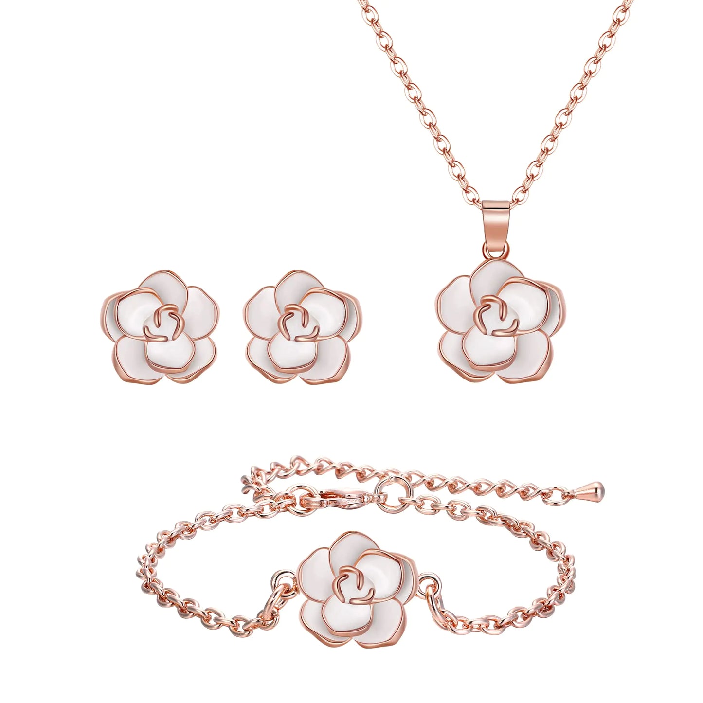 EleQueen Rose Flower Necklace Earrings Bracelet Set. 14K White Rose Gold Plated Hypoallergenic Jewelry Sets Gift for Women Girls