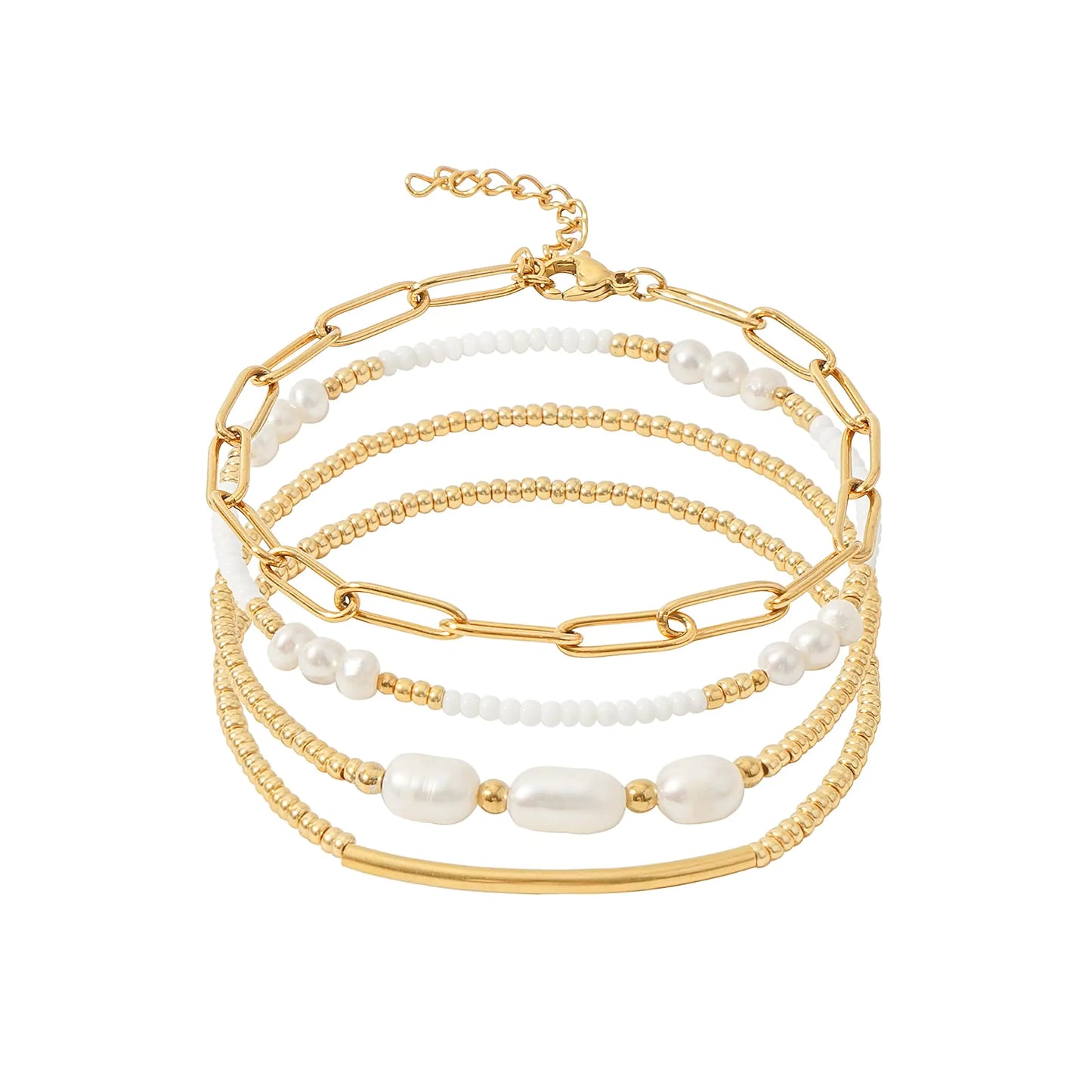 Set Stackable Paperclip Link Stretch Bracelets. Dainty Gold Pearl Beaded Bracelets for Women.