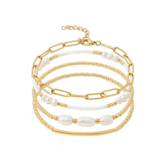 Set Stackable Paperclip Link Stretch Bracelets. Dainty Gold Pearl Beaded Bracelets for Women.