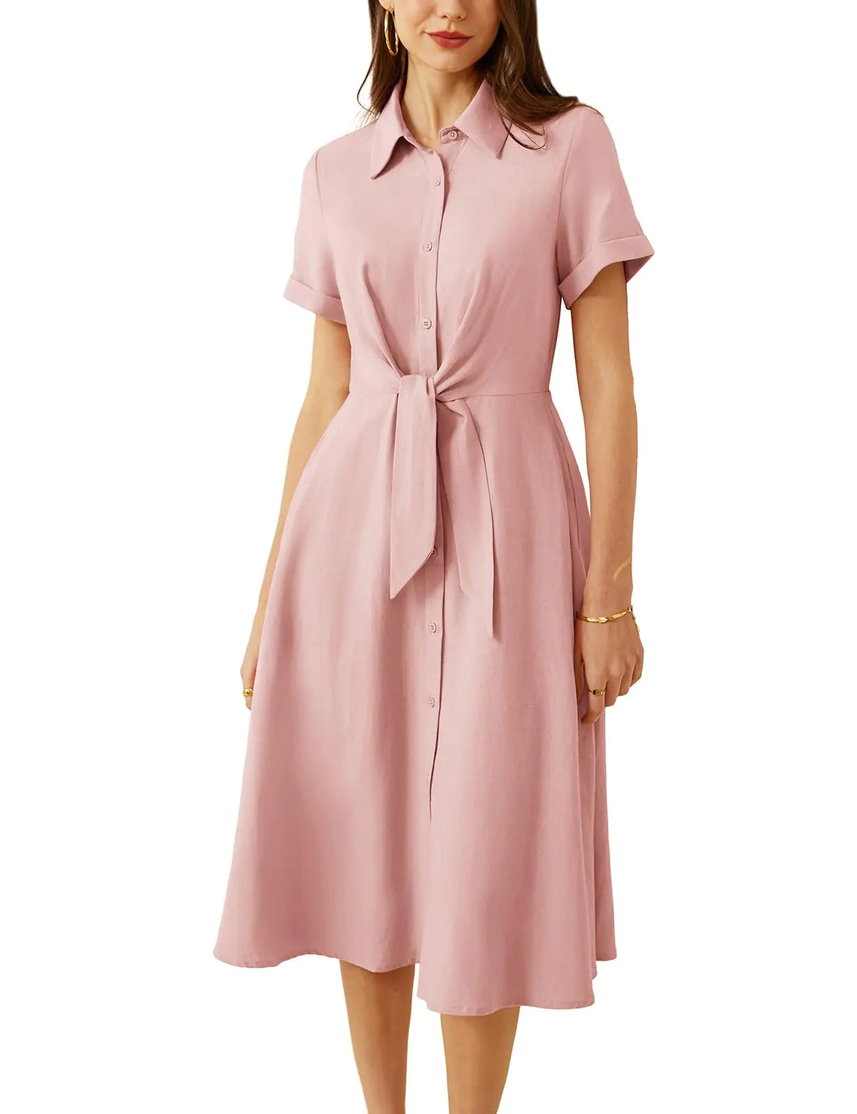 Front Tie Collared Button Shirt Dress. Linen Work Flowy Short Sleeve Casual Summer Dress with, Pockets Pink L