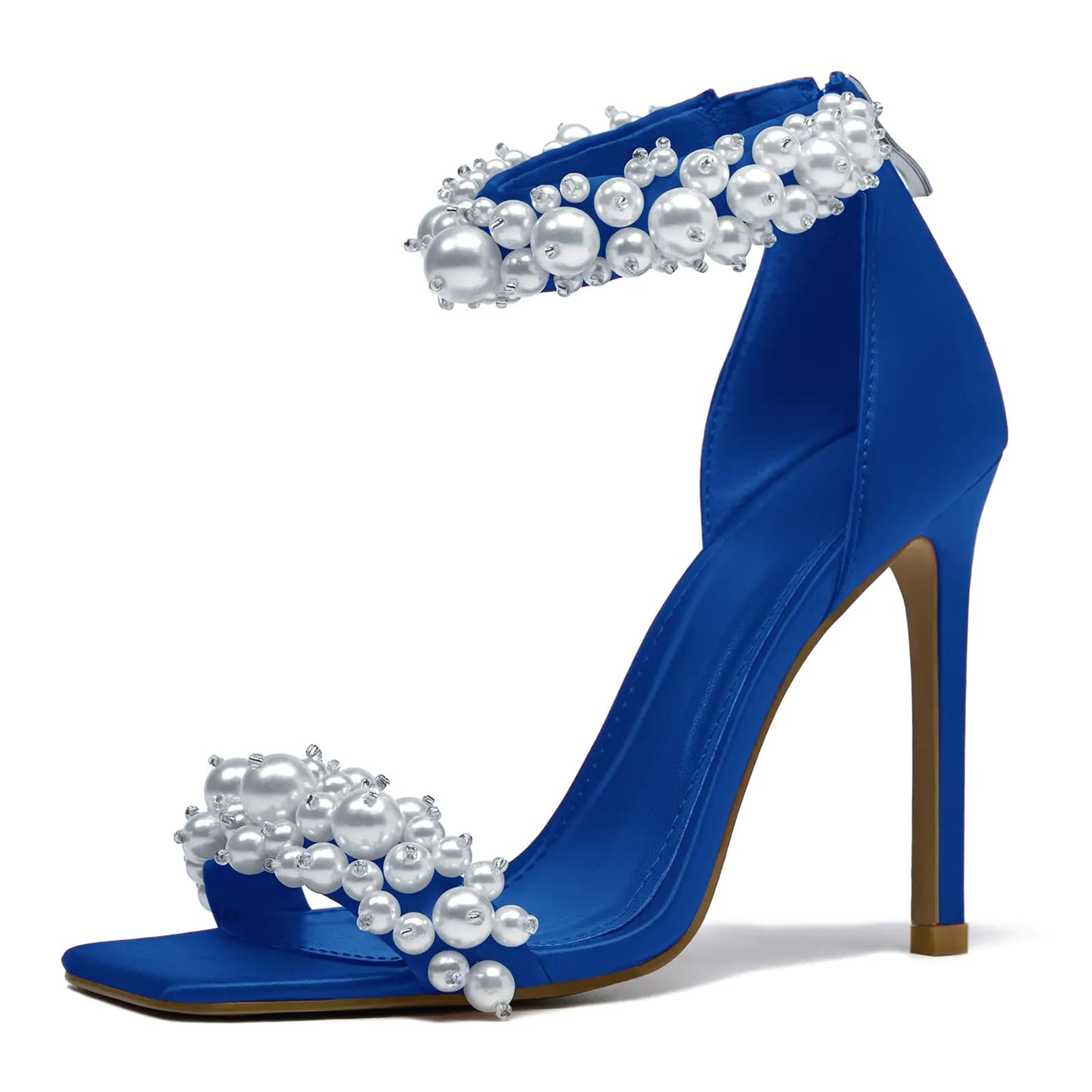 Womens Blue Pearl Stiletto Heels. Open Square Toe sparkly Ankle Shoes, Back Zipper bridal Satin Heels. Sexy prom Party Dressy Shoes. size 6