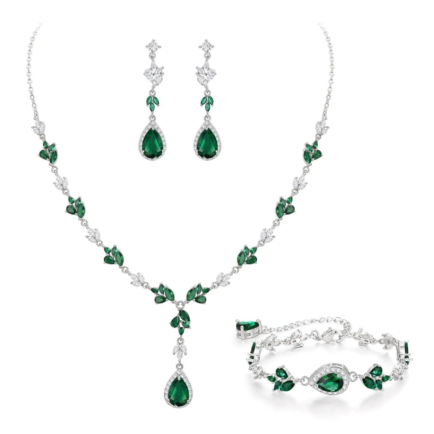 Wedding Jewelry Set for Women. Teardrop Cubic Zirconia Bride Necklace Dangle Earrings Bracelet Set for Party Prom