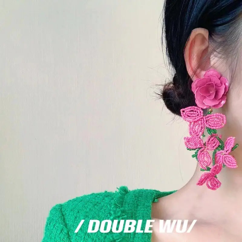 Handmade Beaded Flower Tassel Earrings for Women