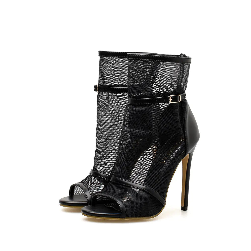 Fishnet Peep-Toe High Heels, Hollow Sexy Booties
