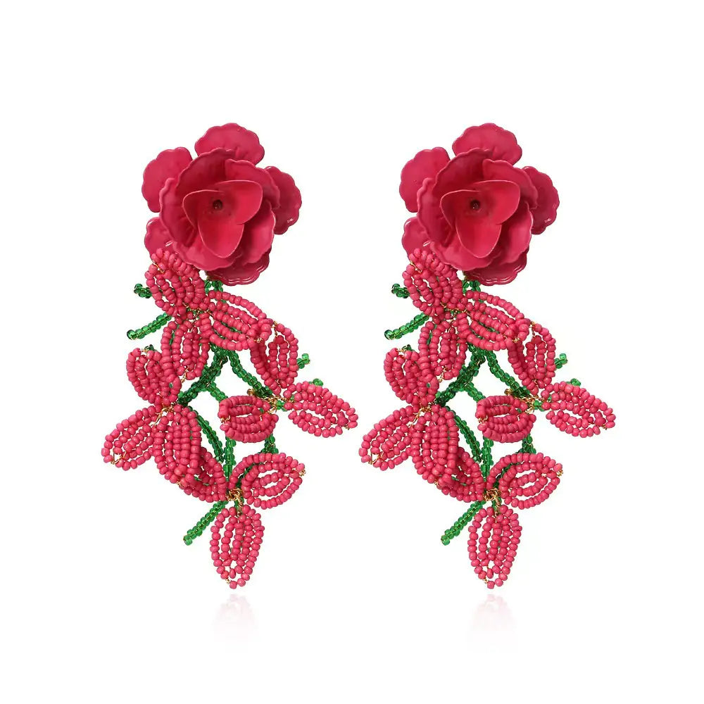 Handmade Beaded Flower Tassel Earrings for Women