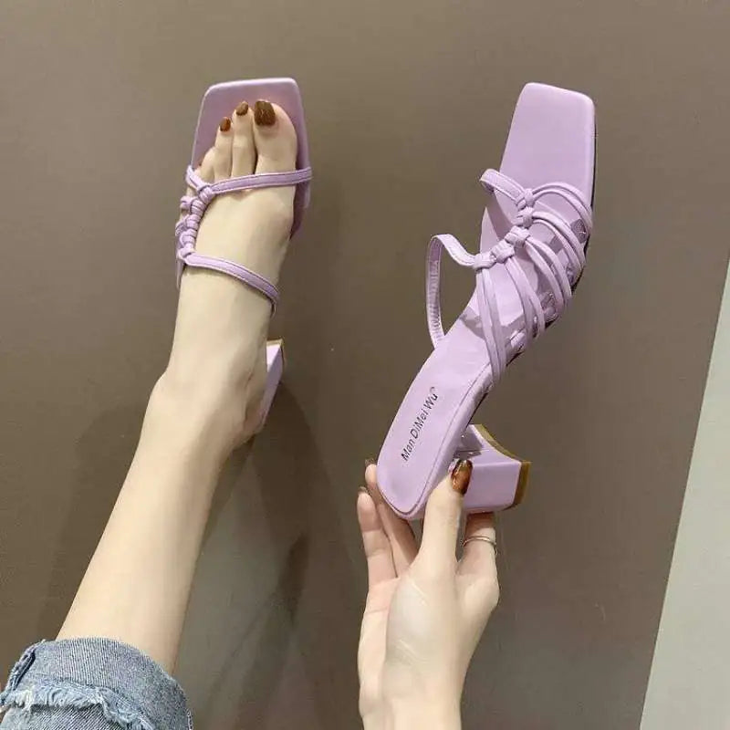 Woven Half Slippers with Thick Square Heels
