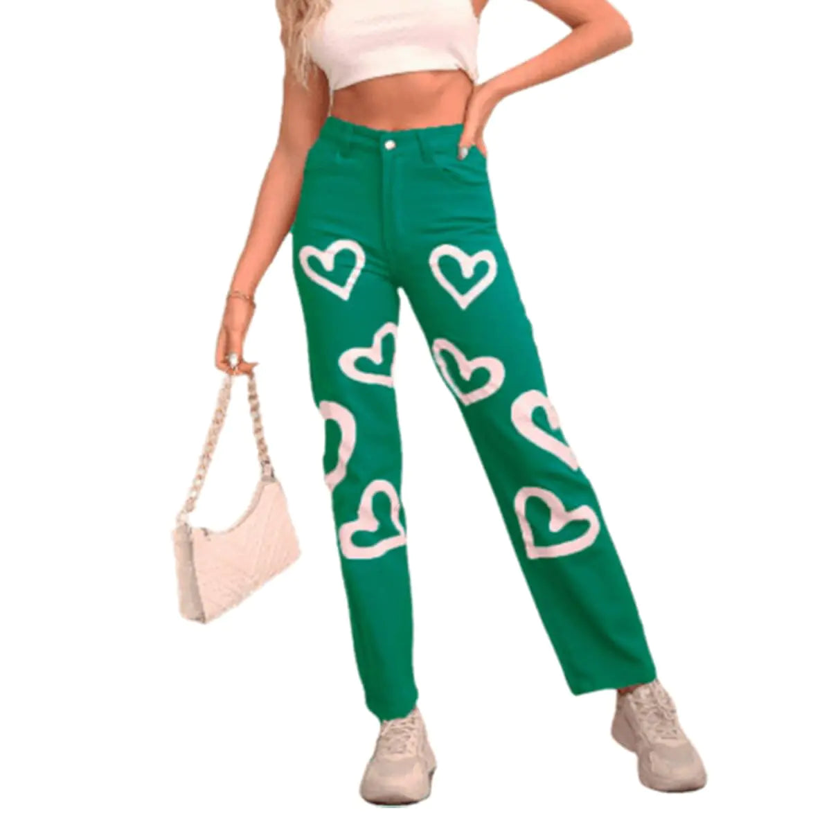 Womens High Waist Heart Print pants. Wide Leg Loose Fit Vintage Boyfriend Jeans, Streetwear Denim Pants