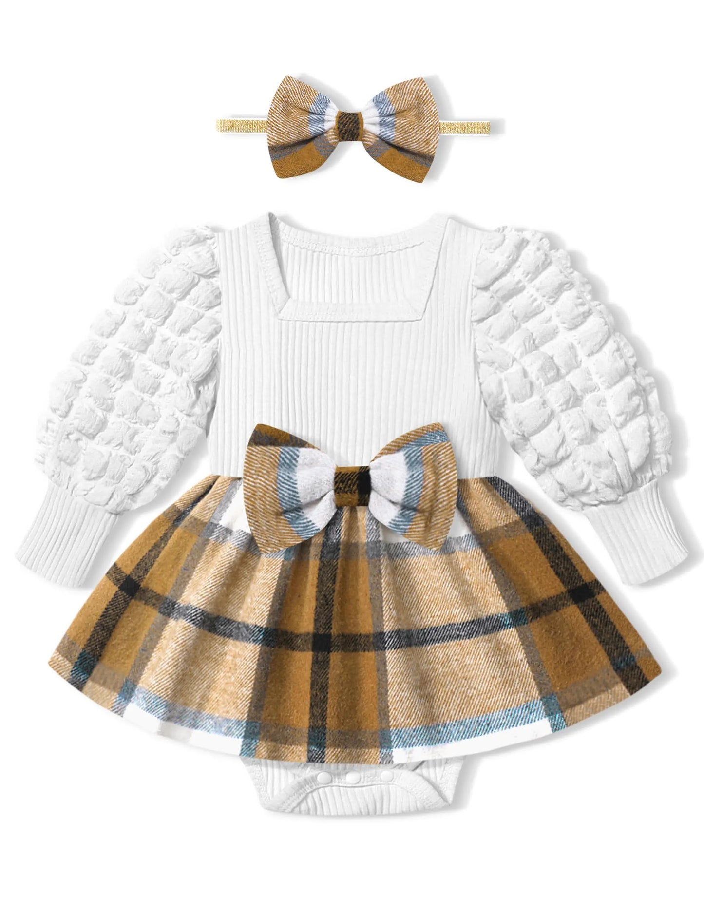 9-12 Month Baby Girl Clothes. Puff Sleeve Brown Plaid Dress Romper Outfits. Thanksgiving Outfit Fall Winter