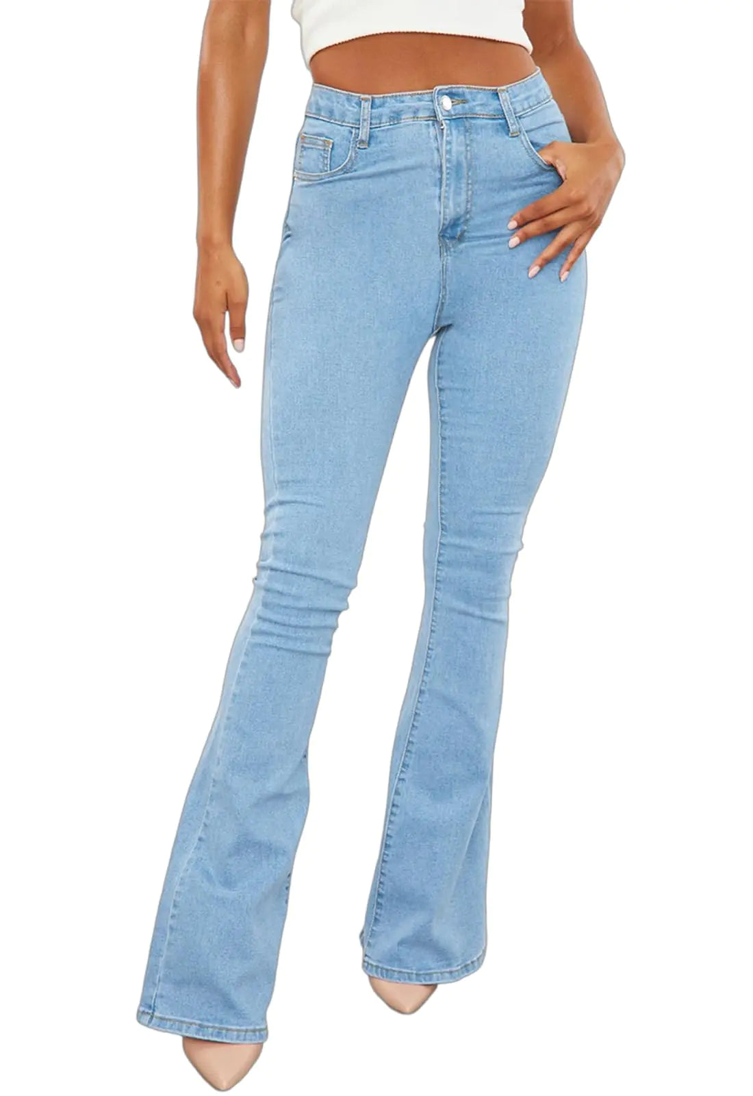 Womens Ripped Jeans. High Waisted Bell Bottom Hem Destroyed Denim Pants