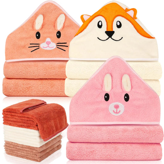 31x31 Inch Baby Hooded Towels. 12Pcs Girls' Bath Washcloth Set with Cute Design. Shower Gift for Newborns Infants and Toddlers