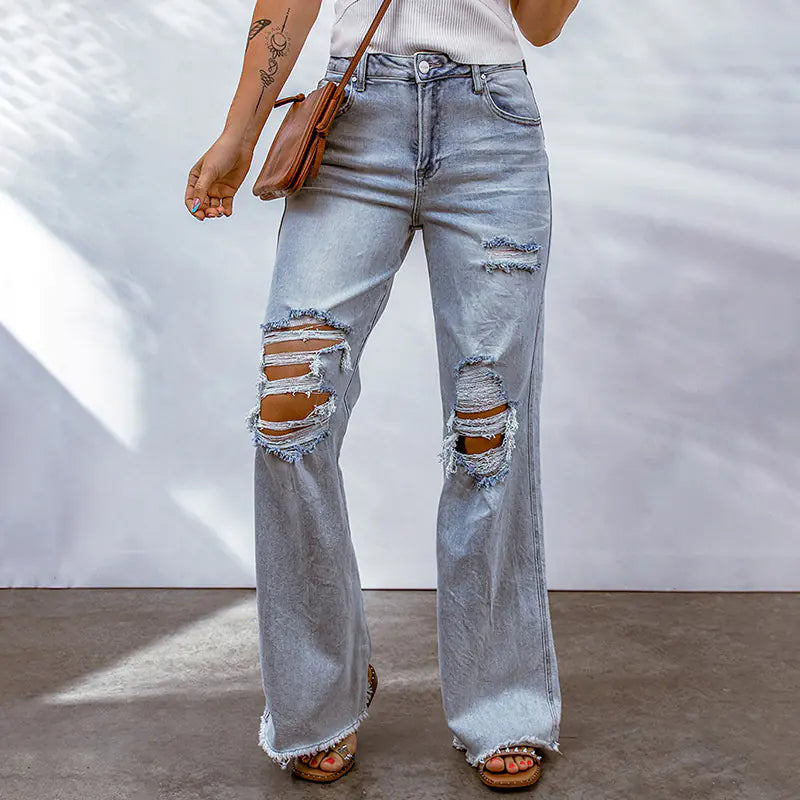Ripped Hollow-out Wide-leg Cropped Pants for Women