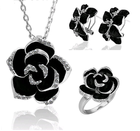 Camellia Earrings, Necklace, and Ring Jewelry Set