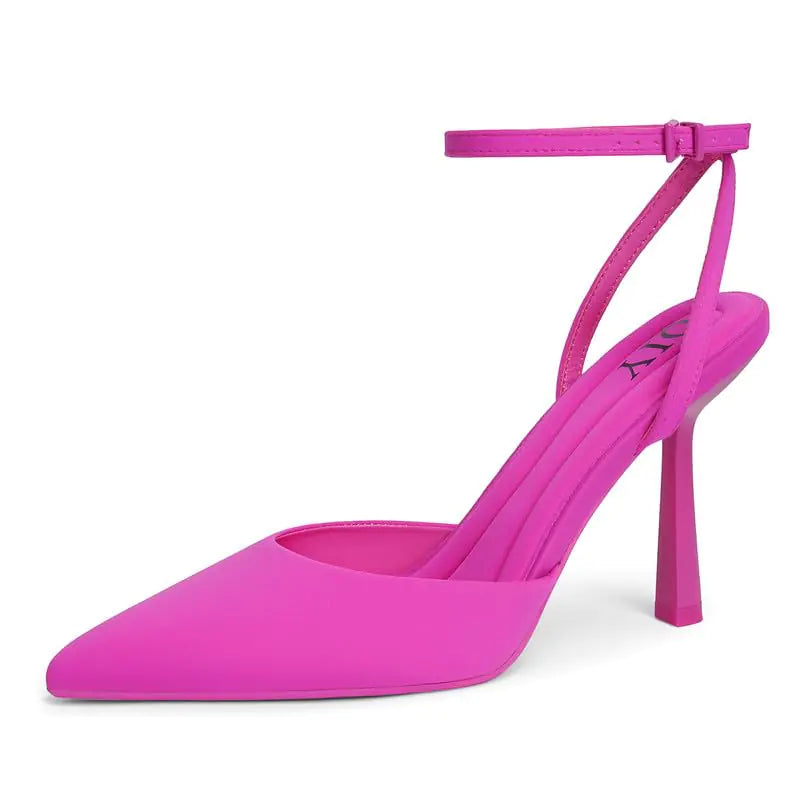 Hot Pink Heels for Women. Closed Toe Slingback Ankle Strap Kitten Sandals, Pointed Toe Pumps. Size 8.5
