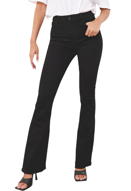 Womens Bell Bottom Flare Jeans. Mid Rise Destroyed Stretch Denim Pants G-Black