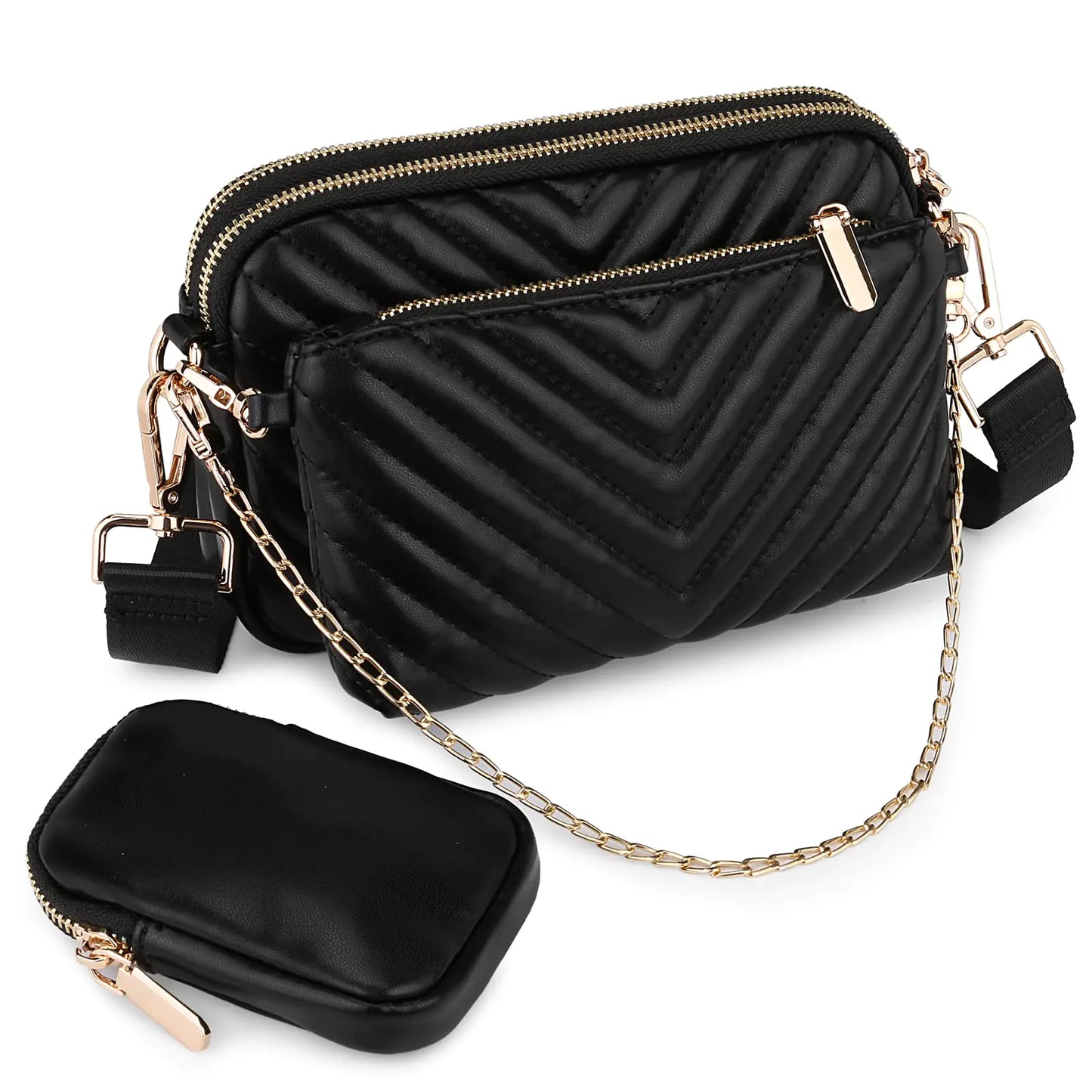 Vegan Leather Quilted Fashion Shoulder Purse - Fanny Pack Belt Crossbody Bag for Travel Hiking with Detachable Pouch & Adjustable Strap