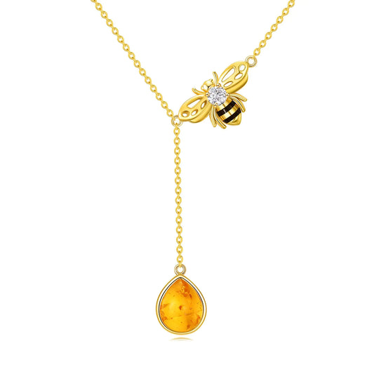Gold Amber Bee Necklace. Sterling Silver Gemstone Jewelry Y necklac for Women Charm