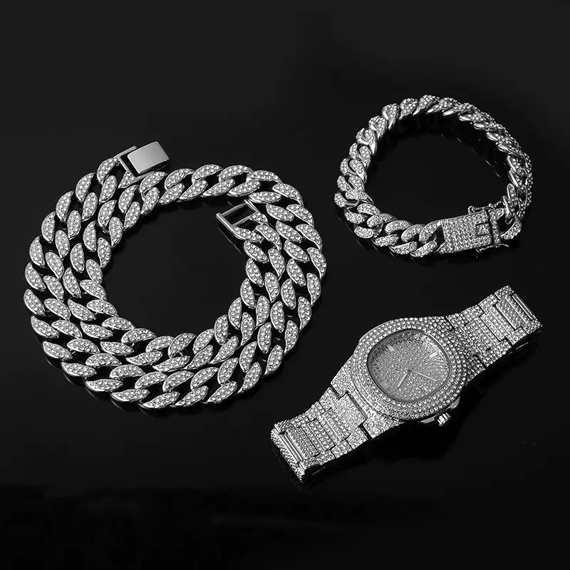 Hip Hop Cuban Chain Necklace Bracelet Set