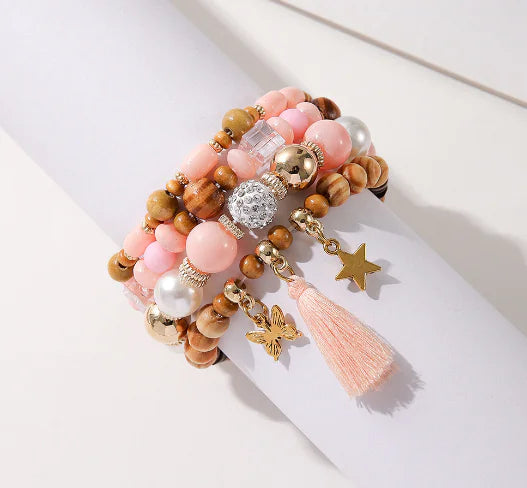 Ethnic Wooden Bead Tassel Bracelet Set