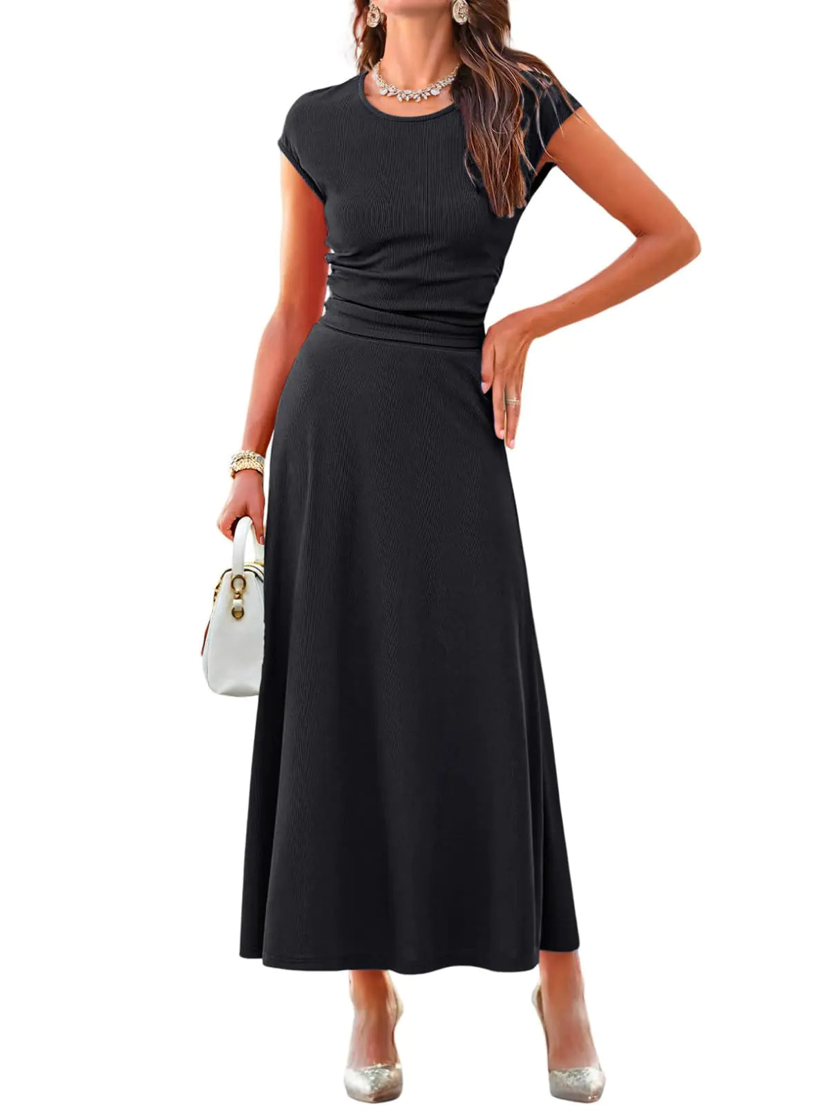 2 Piece Skirt Sets. Short Sleeve Casual Crewneck Ruched Knit Top and Summer A-Line Midi Knit skirt for Women. Elegant Solid Color