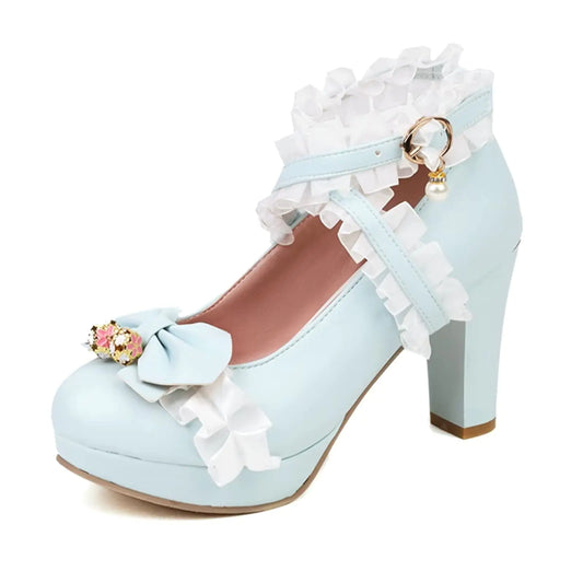 Platform Ankle Strap Pumps with Bow. Block High Heels, Lace Round Toe Kawaii Shoes