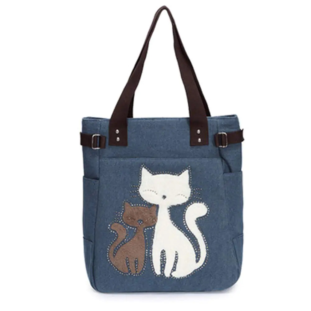 Canvas Tote Handbag for Women - Cute Cat Embroidery Shoulder Purse, Large Zipper Travel/Work/Shopping/Grocery Bags