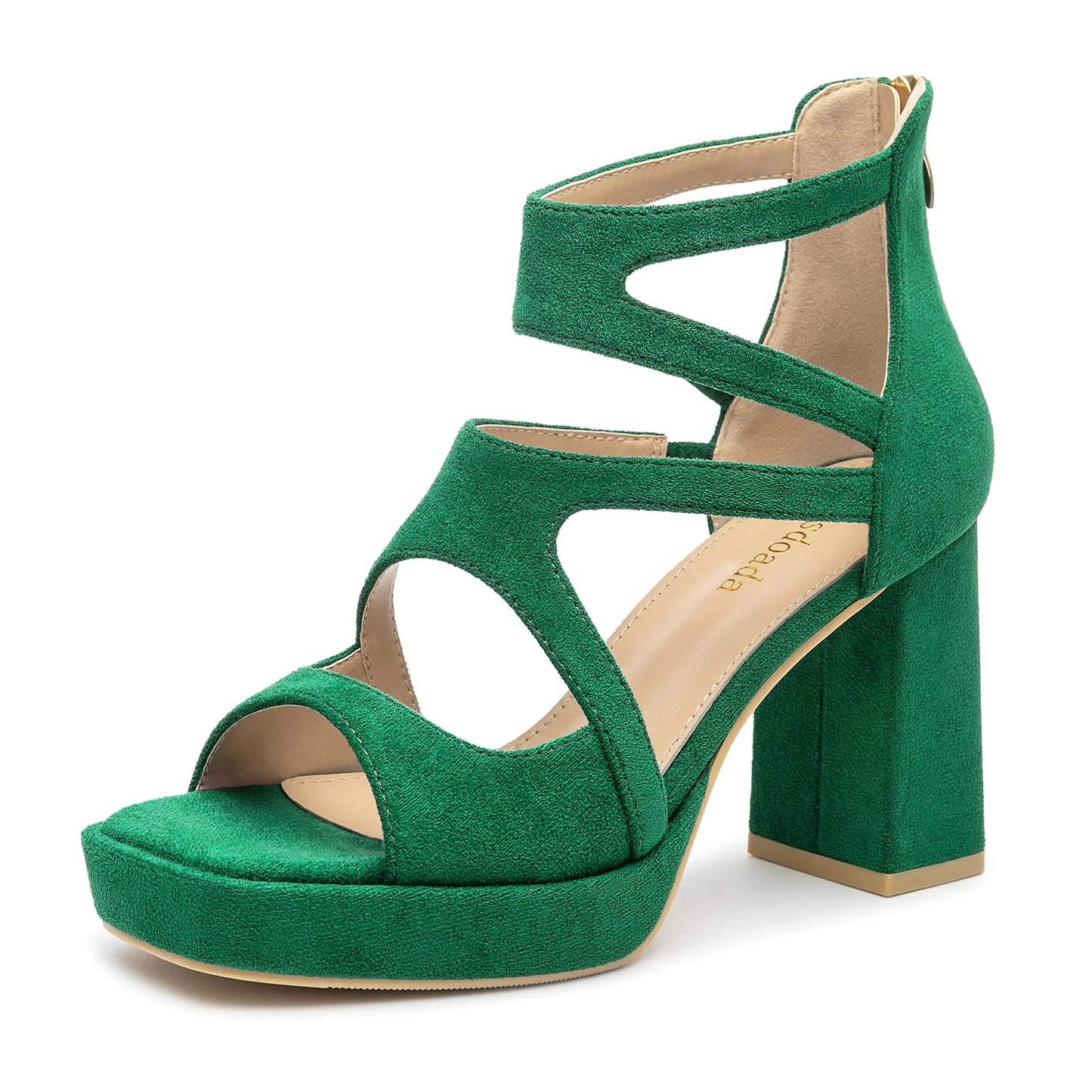 Green Platform Heeled Hollow Out Sandals. Chunky Casual Party Dress Pumps Shoes Size 9.5