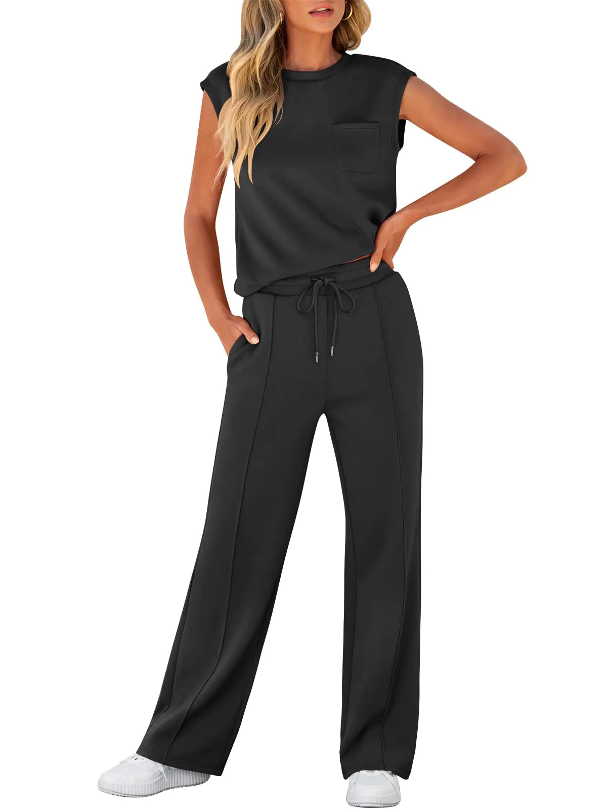 Womens Summer 2 Piece Sweatsuit. Casual Sleeveless Matching Wide Leg Tracksuits. Lounge Sets Fashion Clothes
